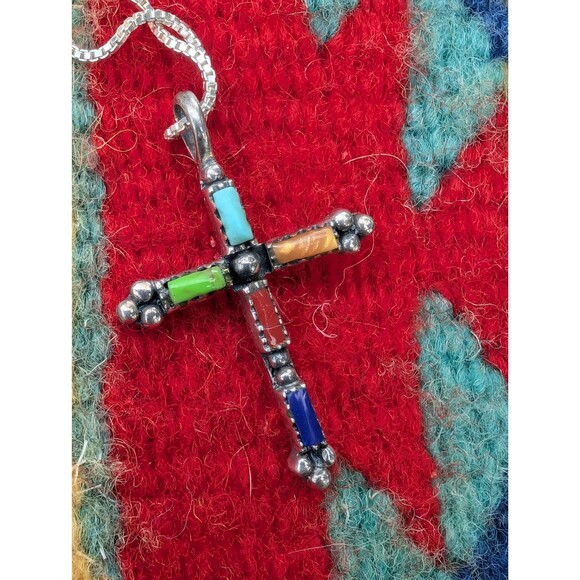 Vintage Sterling Southwestern Inlay Cross Necklace: Religious Gift - Picture 3 of 14